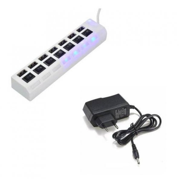 7 Port Usb Hub Çoklayıcı Çoğaltıcı OnOff Düğmeli Işıklı Adaptörlü Beyaz ürün görseli 1