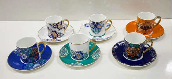 Renkli Porselen Kahve Fincan Takımı 6 Kişilik ürün görseli 1