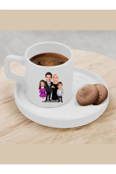 Özcan Tasarım Kişiye Özel Türk Kahvesi Fincanı Karikatür Tesettürlü Aile Fincanı ürün görseli 1