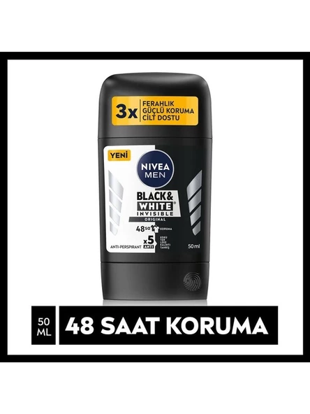 Nivea Men Erkek Stick Deodorant Black & White Invisible Original 48 Saat Anti-Perspirant Koruma 50 ml ürün görseli 1