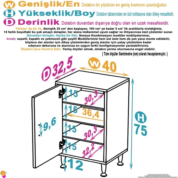 Modilayn SÖKE Küçük Alanlar İçin Akıllı Çözümler 40x75x32,5 cm’ lik 1 Kapaklı 4 Göz Raf Dolap ürün görseli 1