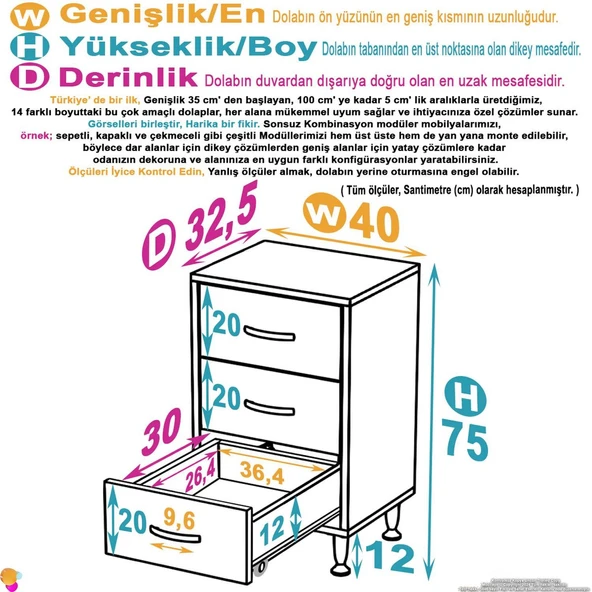 Modilayn SÖKE 3' lü Çekmece Banyo Dolabı 40x75x32,5 cm’ lik Çok Yönlü Çekmecelerle Daha Düzenli ürün görseli 1