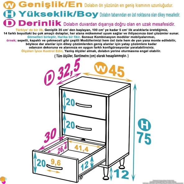 Modilayn SÖKE 3'lü Çekmece Banyo Dolabı 45x75x32,5 cm’ lik Çok Yönlü Çekmecelerle Daha Düzenli ürün görseli 1