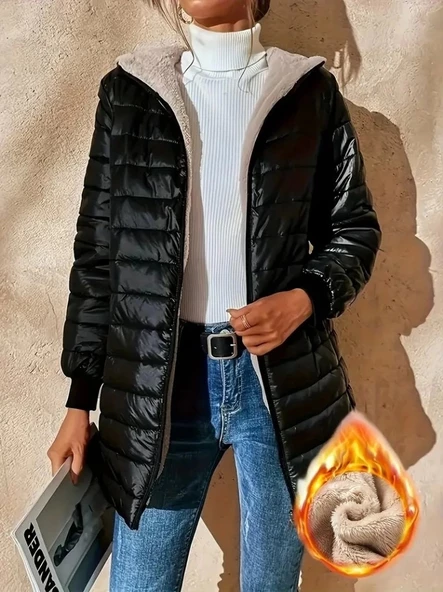 Kadın Uzun Kollu Kapşonlu Cep Detaylı Fermuarlı Orta Boy Mont ürün görseli 1