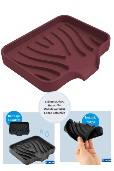 TİNEKE  Silikon Mutfak, Banyo Su Giderli Vantuzlu Esnek Sabunluk Bordo Renk ürün görseli 1
