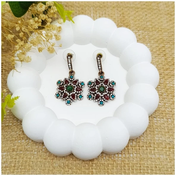 Kırmızı - Mavi - Yeşil Akik Retro Bronz Kadın Küpe ürün görseli 1
