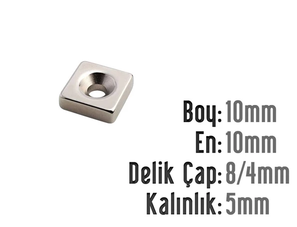 Neodyum Mıknatıs Köşeli Havşalı 10x10mm (delik 8/4mm) Kalıklık 5mm 2 Adet ürün görseli 1