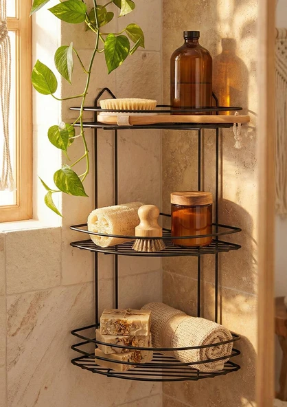 3 Katlı Banyo Köşeliği - Plastik Kaplama Duş Rafı ve Organizer ürün görseli 1