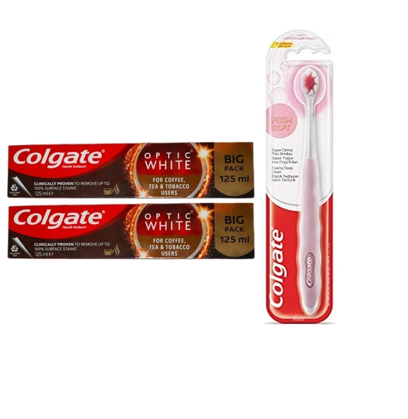 Colgate Optic White Kahve Çay ve Tütün Kullanıcıları Macunu 125Ml+Foamsoft Diş Eti Masajı Fırça 2+1 ürün görseli 1