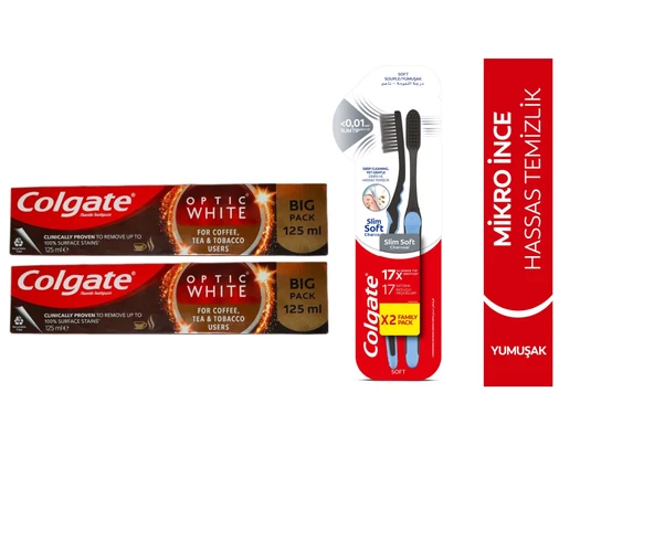 Colgate Optic White Kahve Çay Tütün Kullanıcıları Diş Macun125ml+mikro Charcoal Hassas Yumuşak Fırça 2 + 2 li ürün görseli 1