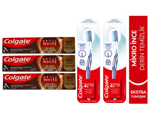 Colgate Optic White Kahve Çay Tütün Kullanıcıları Macun 125Ml+Mikro Ince Advanced Manuel Diş Fırçası 3 + 2 Adet ürün görseli 1