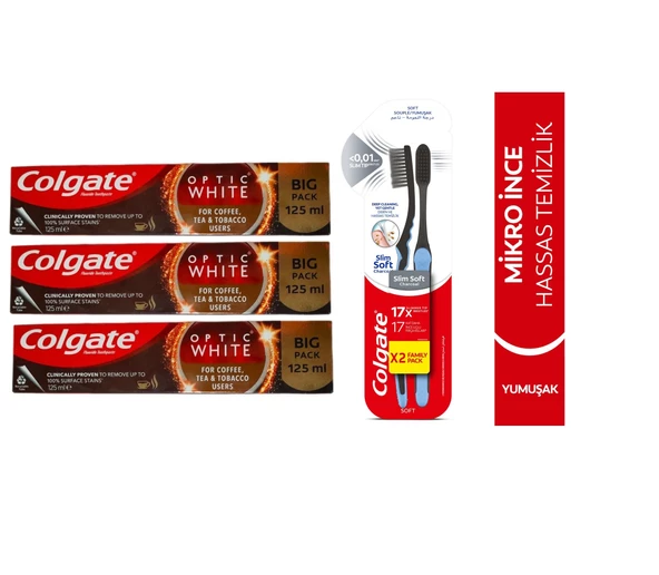 Colgate Optic White Kahve Çay Tütün Kullanıcıları Diş Macun125Ml+Mikro Charcoal Hassas Yumuşak Fırça 3 + 2 li ürün görseli 1