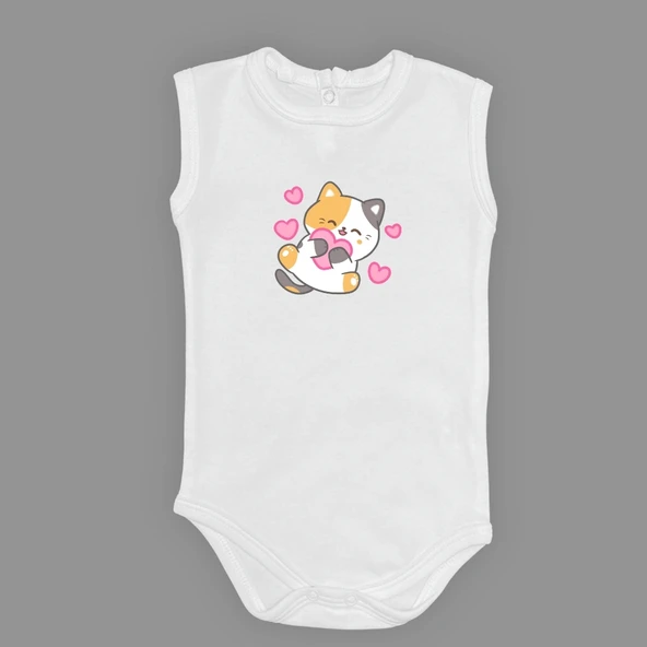 Kalpli Kedi Baskılı Bebek Çıtçıtlı Body Uzun Kısa Kolsuz Mnk00684 ürün görseli 1