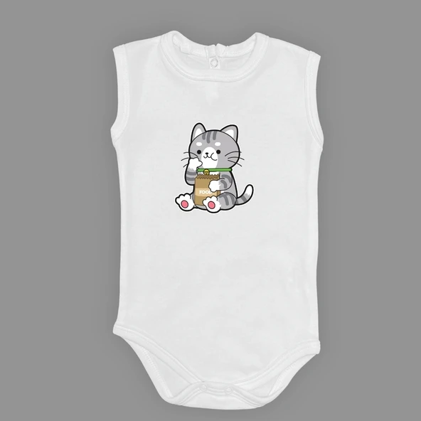 Mama Yiyen Kedi Baskılı Bebek Çıtçıtlı Body Uzun Kısa Kolsuz ürün görseli 1