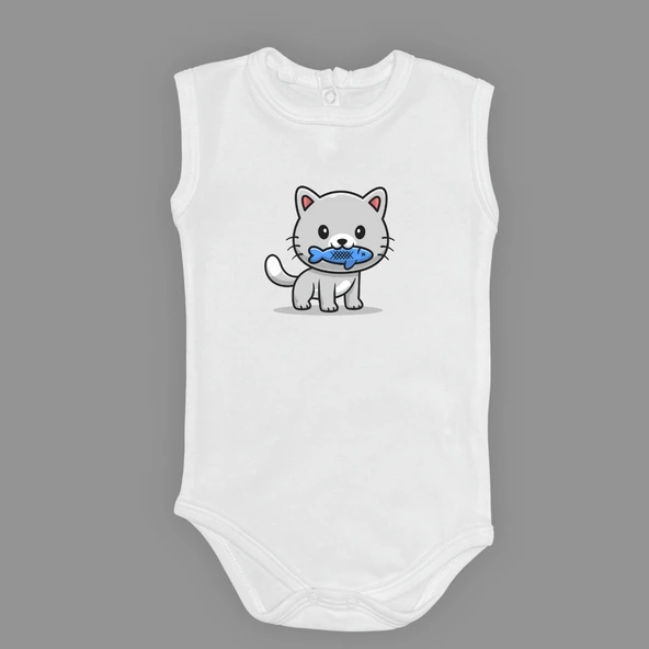 Balıklı Kedi Baskılı Bebek Çıtçıtlı Body Uzun Kısa Kolsuz Mnk00685 ürün görseli 1