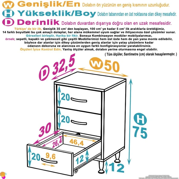 Modilayn SÖKE 3'lü Çekmece Banyo Dolabı 50x75x32,5 cm’ lik Çok Yönlü Çekmecelerle Daha Düzenli ürün görseli 1