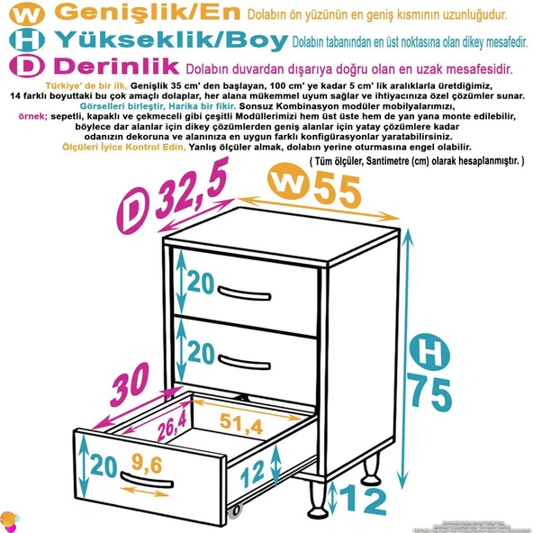 Modilayn SÖKE 3'lü Çekmece Banyo Dolabı 55x75x32,5 cm’ lik Çok Yönlü Çekmecelerle Daha Düzenli ürün görseli 1