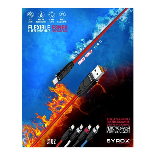 Syrox 2.1A Type-C Flexible Yassı Silikon Şarj & Data Kablo 1.1M C102 - Resim 2