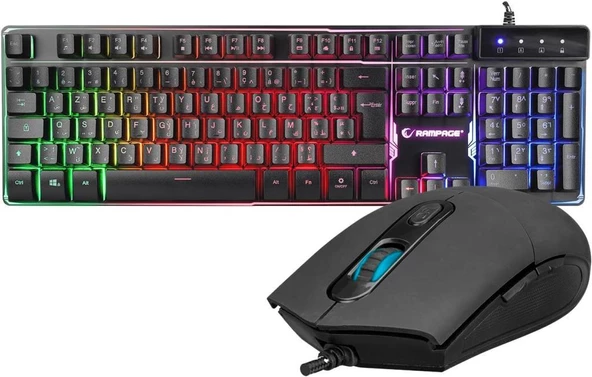 Rampage Siyah Usb Gökkuşağı Zemin Aydınlatmalı French/Arabic Layout Oyuncu Klavye + Mouse Set uyumlu Teşhir ürün görseli 1