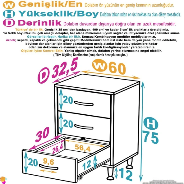 Modilayn SÖKE 3'lü Çekmece Banyo Dolabı 60x75x32,5 cm’ lik Çok Yönlü Çekmecelerle Daha Düzenli ürün görseli 1