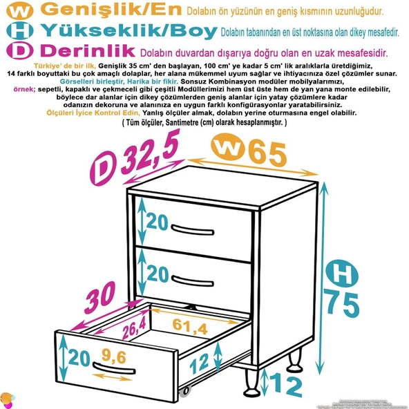 Modilayn SÖKE 3'lü Çekmece Banyo Dolabı 65x75x32,5 cm’ lik Çok Yönlü Çekmecelerle Daha Düzenli ürün görseli 1