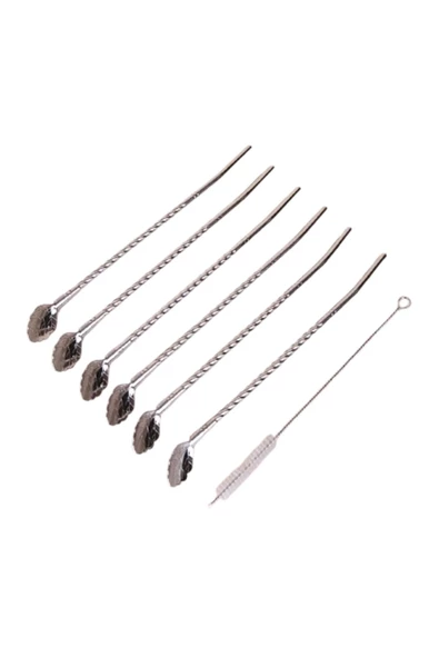 6'lı Paslanmaz Krom Pipetli Latte Kaşığı Kokteyl Kaşığı Ve Temizleme Fırçası, 22 Cm Yaprak Model ürün görseli 1