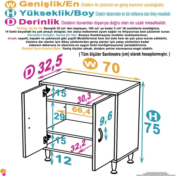 Modilayn SÖKE Küçük Alanlar İçin Akıllı Çözümler 70x75x32,5 cm’ lik 2 Kapaklı 3 Göz Raf Dolap ürün görseli 1