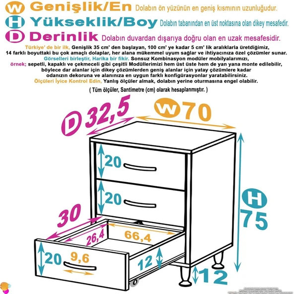 Modilayn SÖKE 3'lü Çekmece Banyo Dolabı 70x75x32,5 cm’ lik Çok Yönlü Çekmecelerle Daha Düzenli ürün görseli 1