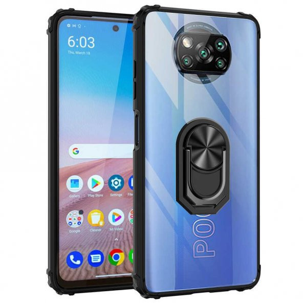 Ceponya Xiaomi Poco X3 Kılıf Yüzüklü Standlı Manyetik Şeffaf Armor Zırh ürün görseli 1