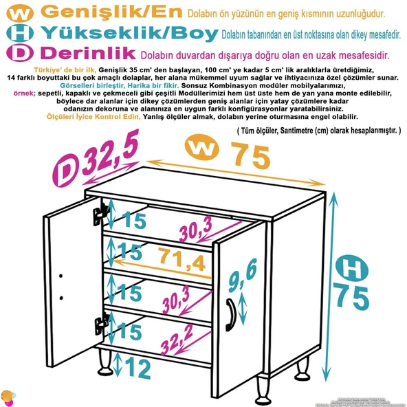 Modilayn SÖKE Küçük Alanlar İçin Akıllı Çözümler 75x75x32,5 cm’ lik 2 Kapaklı 4 Göz Raf Dolap ürün görseli 1
