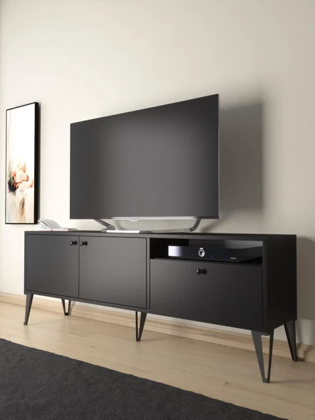Wood'n Love Atoka 160 Cm Metal Ayaklı Dolaplı, Minifiks Bağlantı Tv Ünitesi - Siyah / Siyah ürün görseli 1