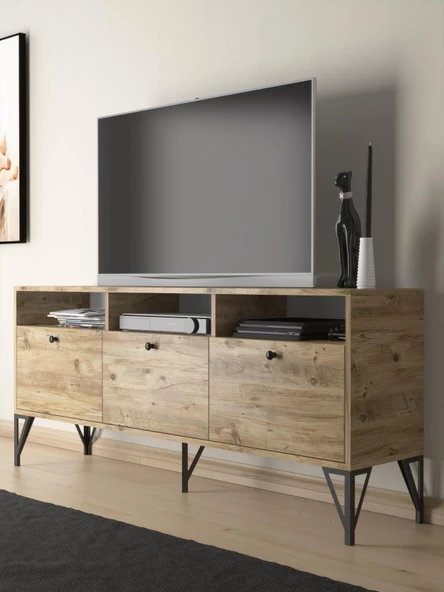 Wood'n Love Rhea 160 Cm Dolaplı, Minifiks Bağlantı, Geniş Tv Ünitesi - Konsol - Atlantik Çam / Siyah ürün görseli 1