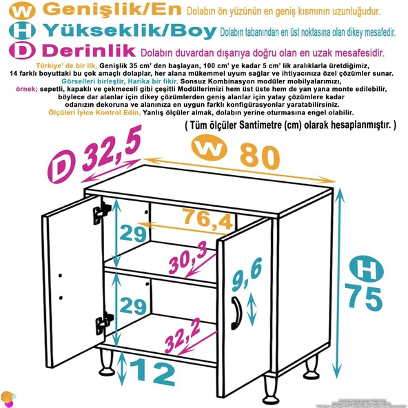 Modilayn SÖKE Küçük Alanlar İçin Akıllı Çözümler 80x75x32,5 cm’ lik 2 Kapaklı 2 Göz Raf Dolap ürün görseli 1