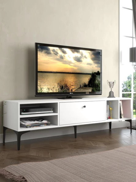 Wood'n Love Milan Tv Ünitesi Minifiks Bağlantı , Dolap Metal Ayak - Beyaz / Siyah ürün görseli 1