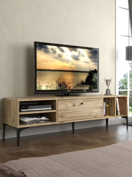 Wood'n Love Milan Tv Ünitesi Minifiks Bağlantı , Dolap Metal Ayak - Atlantik Çam / Siyah ürün görseli 1