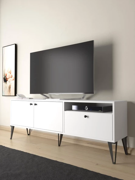 Wood'n Love Atoka 160 Cm Metal Ayaklı Dolaplı, Minifiks Bağlantı Tv Ünitesi - Beyaz / Siyah ürün görseli 1