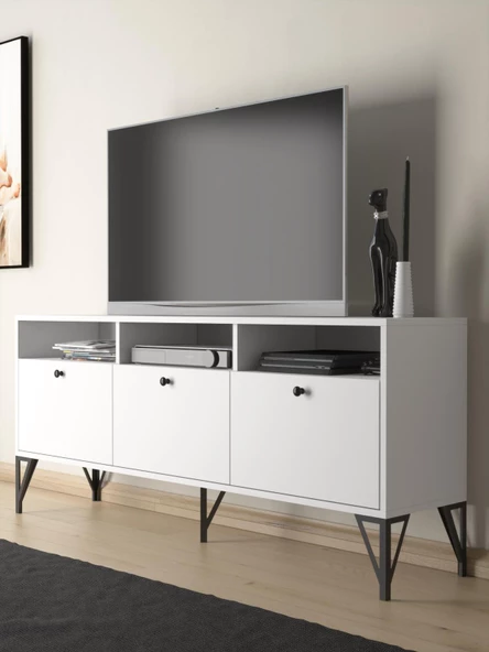 Wood'n Love Rhea 160 Cm Dolaplı, Minifiks Bağlantı, Geniş Tv Ünitesi - Konsol - Beyaz / Siyah ürün görseli 1