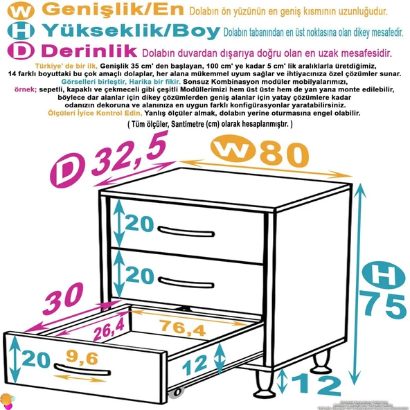 Modilayn SÖKE 3'lü Çekmece Banyo Dolabı 80x75x32,5 cm’ lik Çok Yönlü Çekmecelerle Daha Düzenli ürün görseli 1