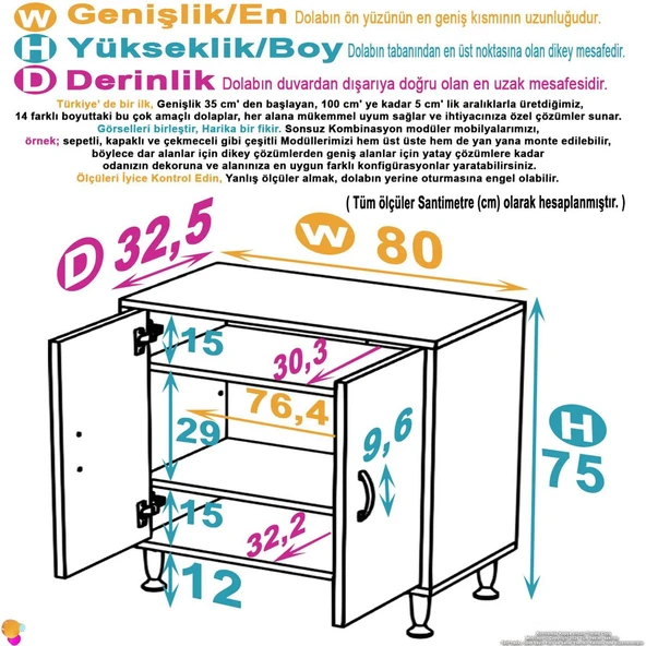 Modilayn SÖKE Küçük Alanlar İçin Akıllı Çözümler 80x75x32,5 cm’ lik 2 Kapaklı 3 Göz Raf Dolap ürün görseli 1