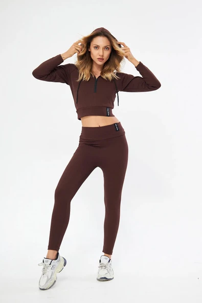 Lesa Wear Fitilli Kapüşonlu Içi Polarlı Yumaşacık Şardonlu Kaşkorse Crop Sweatshirt ürün görseli 1