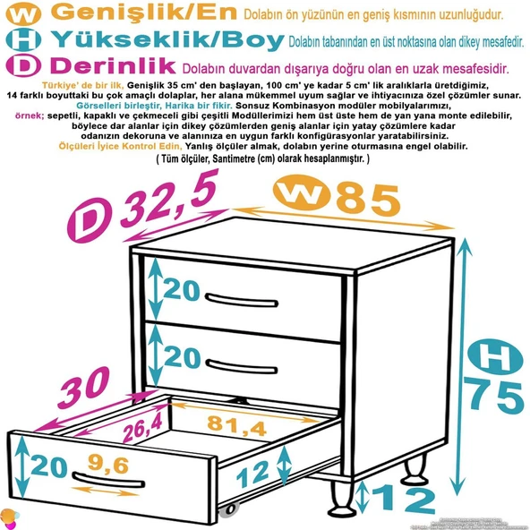 Modilayn SÖKE 3'lü Çekmece Banyo Dolabı 85x75x32,5 cm’ lik Çok Yönlü Çekmecelerle Daha Düzenli ürün görseli 1