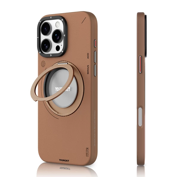 Youngkit Apple iPhone 16 Pro Max Kılıf Magsafe Şarj Özellikli 360° Standlı Basit Mat Deri Desenli Youngkit Tech Leather Serisi Kapak ürün görseli 1