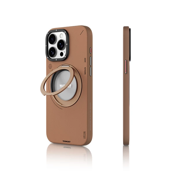 Youngkit Apple iPhone 15 Pro Kılıf Magsafe Şarj Özellikli 360° Standlı Basit Mat Deri Desenli Youngkit Tech Leather Serisi Kapak ürün görseli 1
