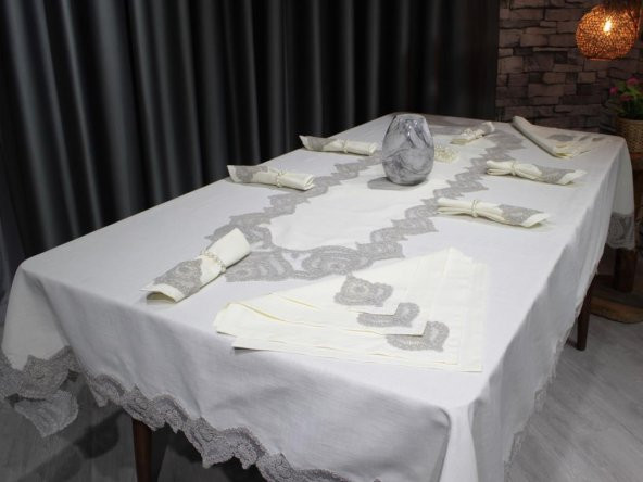 Çeyiz Diyarı Kar Tanesi 26 Parça Masa Örtüsü Takımı Krem-Gri ürün görseli 1