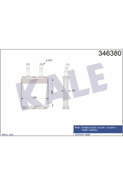 KALE 346380 KALORİFER RDAYATÖRU BRAZING ACCENT 94-99 GETZ 1.3 02- ürün görseli 1