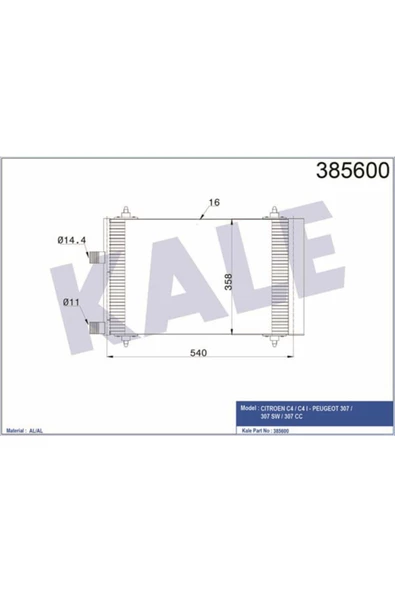 KALE OTO Radyatör 385600 Klima Radyatörü 307 00- / C4 04- 1.6 HDI C5 00- 540X358X16 ürün görseli 1
