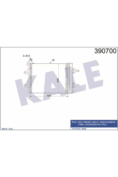 KALE 390700 Klima Radyatörü Polo IV 02- Fox 05- Cordoba 02- Ibiza IV 01- Fabia I 99- 515X362X16 ürün görseli 1