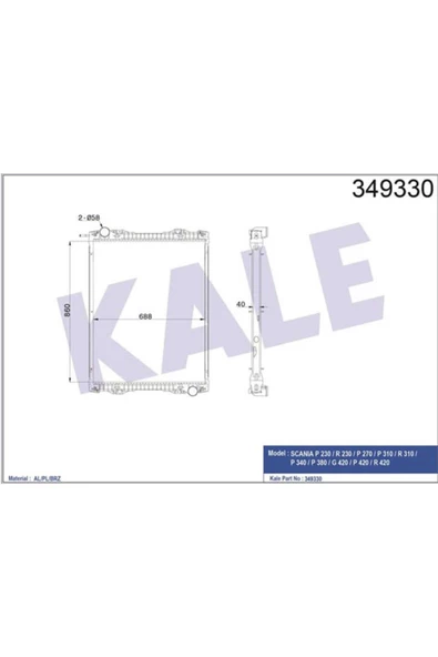 KALE OTO Radyatör 349330 Radyatör Scania P-04 860×688×40 ürün görseli 1