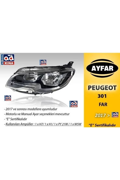 AYFAR ON FAR SOL PEUGEOT 301 MOTORSUZ 17- MAKYAJLI TIP ürün görseli 1