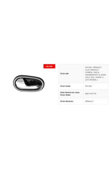 KAYA PLASTİK KAPI IC ACMA KOLU SOL  KROM (RENAULT  SYMBOL 2013- ) ürün görseli 1